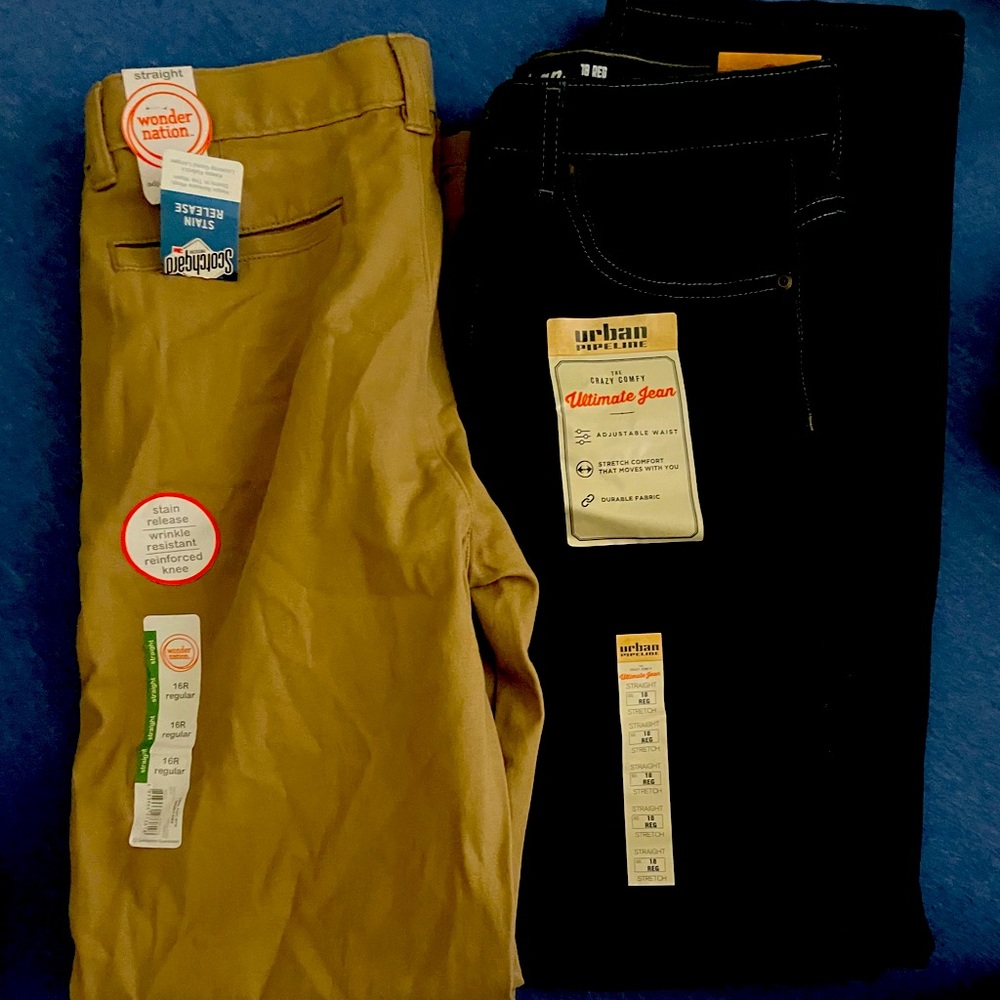 Size 16 regular Boys Jeans and Khakis. All new with tags.